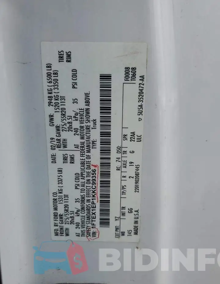 1FTEX1EP1KKC99356 Photo# 12