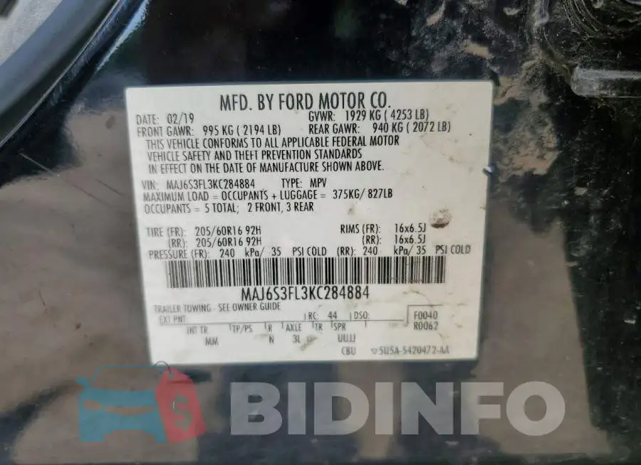 MAJ6S3FL3KC284884 Photo# 13