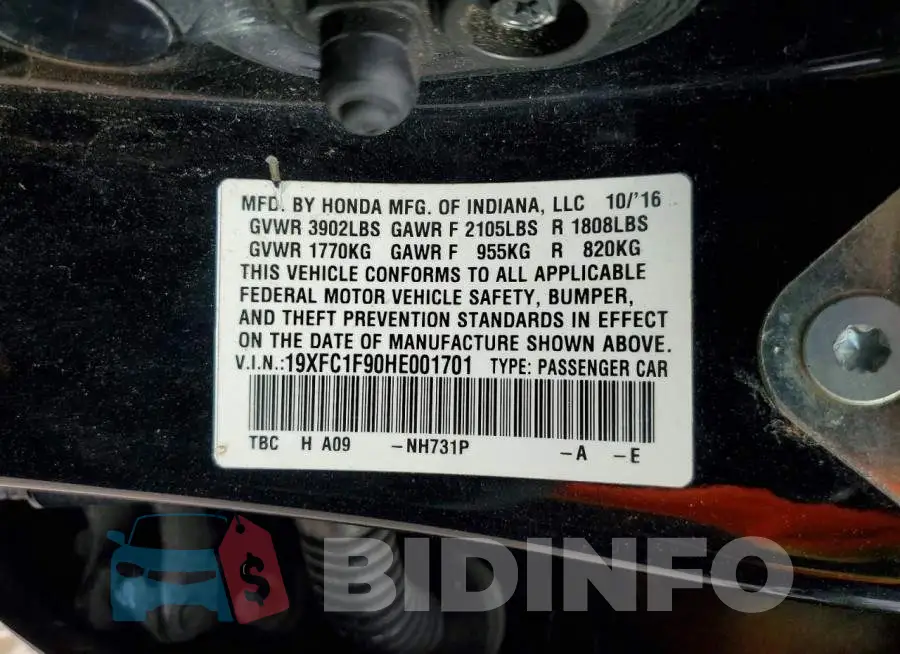 19XFC1F90HE001701 Photo# 12