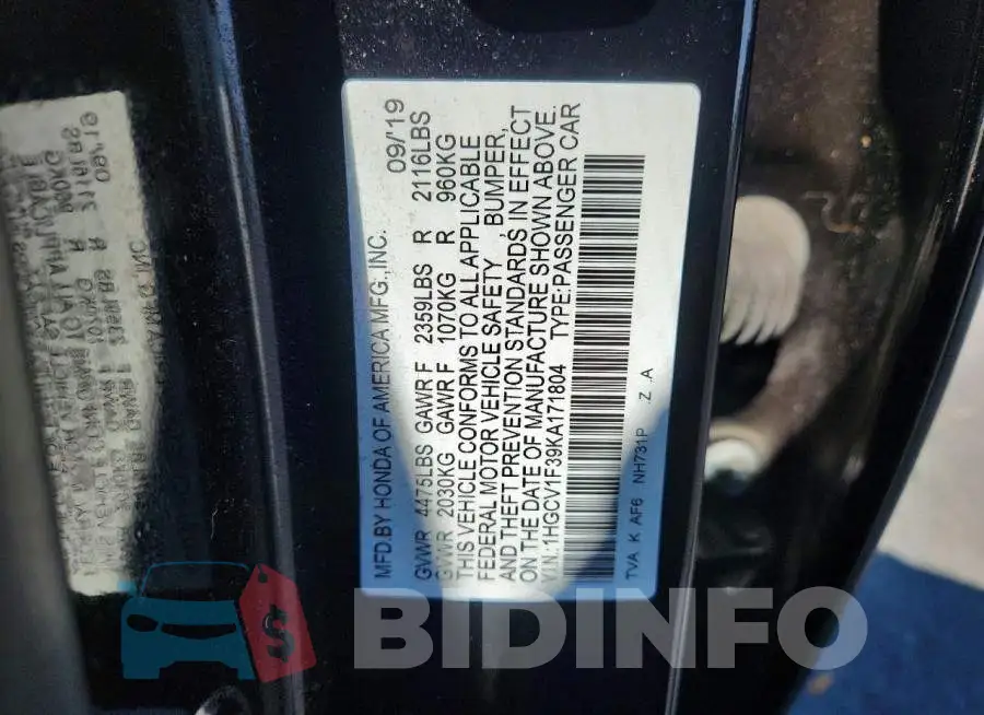 1HGCV1F39KA171804 Photo# 12