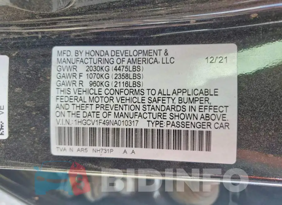 1HGCV1F49NA010317 Photo# 12