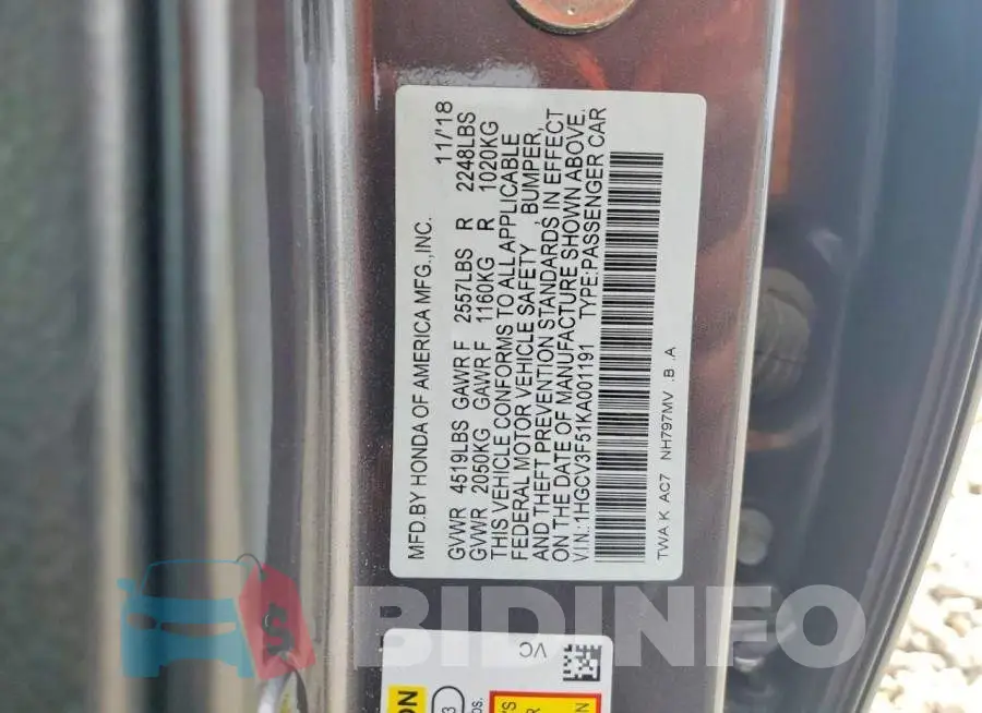 1HGCV3F51KA001191 Photo# 12