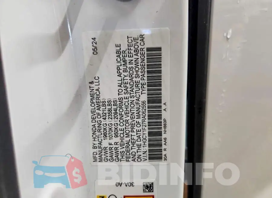 1HGCY1F27RA062556 Photo# 12