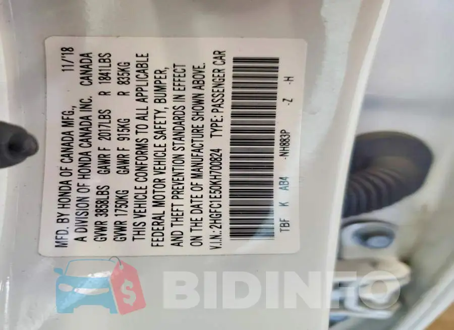 2HGFC1E50KH700824 Photo# 12