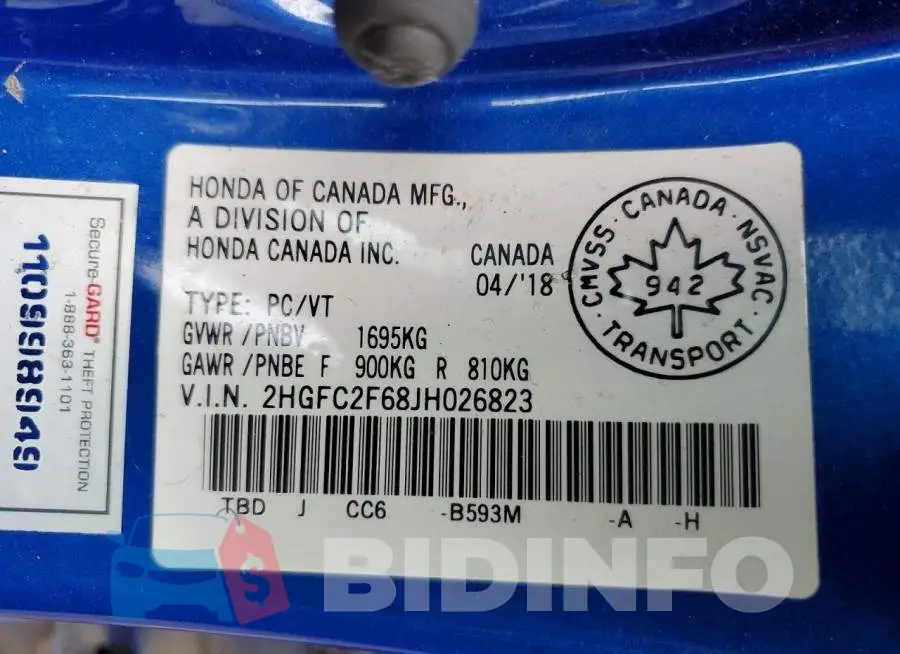 2HGFC2F68JH026823 Photo# 12