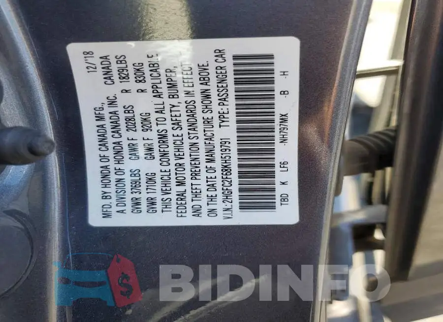 2HGFC2F68KH519791 Photo# 12