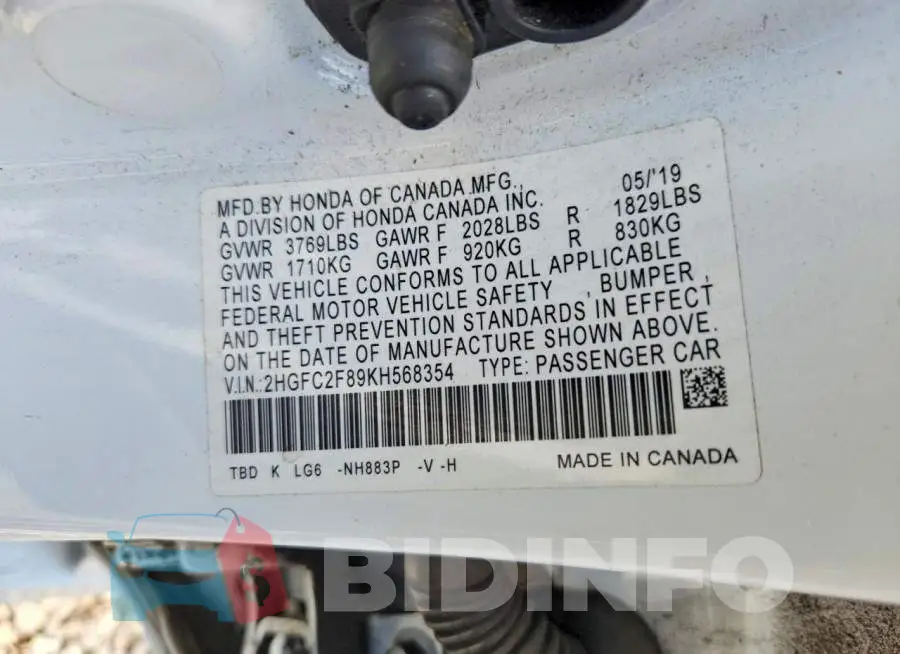 2HGFC2F89KH568354 Photo# 12