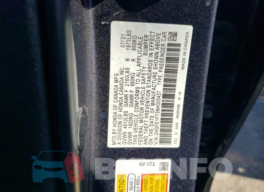 2HGFE1F73NH305437 Photo# 12