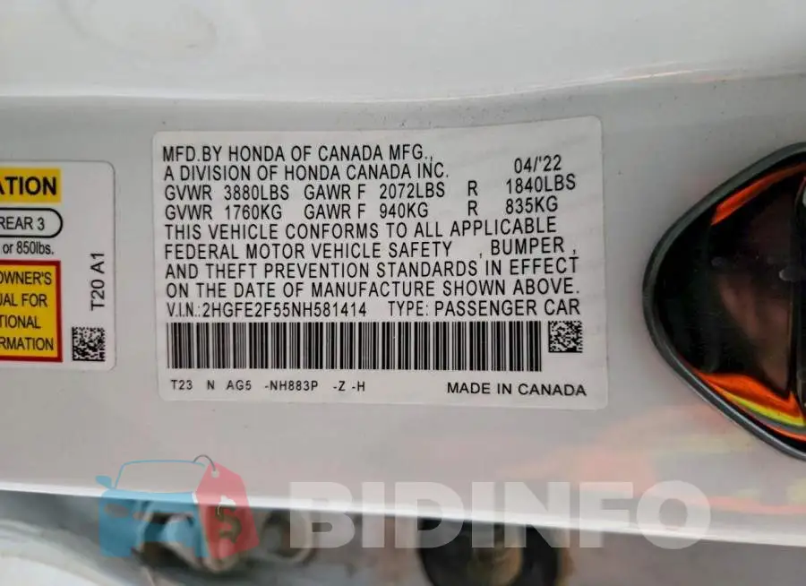 2HGFE2F55NH581414 Photo# 12