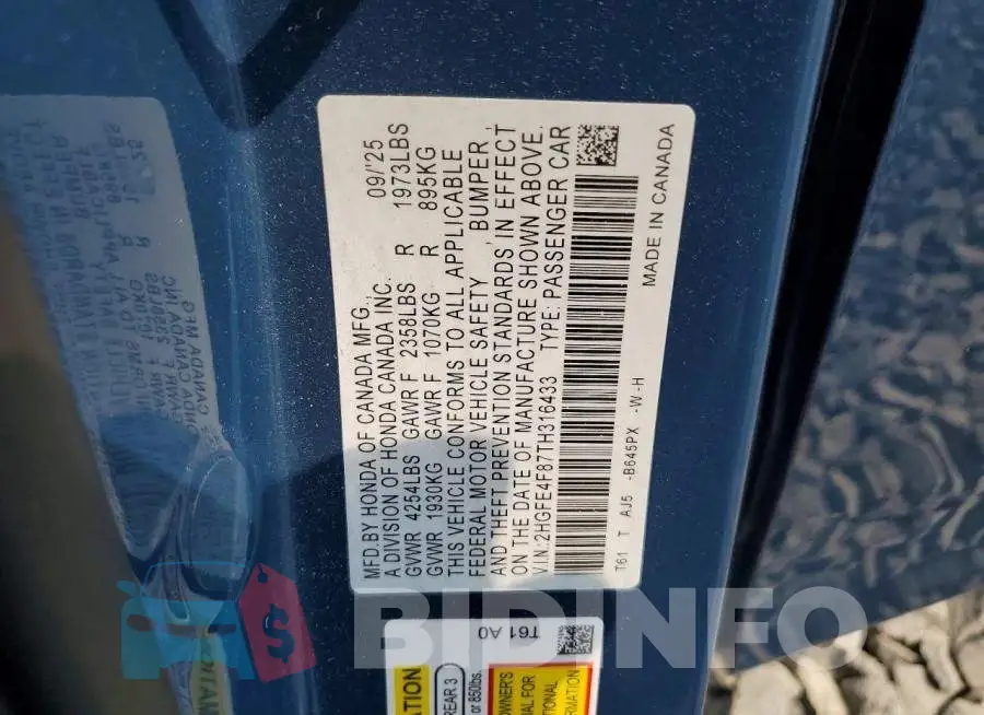 2HGFE4F87TH316433 Photo# 12