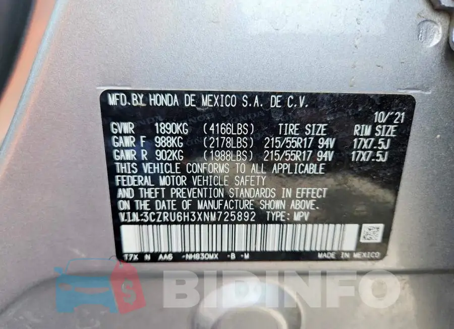 3CZRU6H3XNM725892 Photo# 13