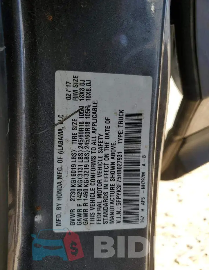 5FPYK3F75HB027931 Photo# 12
