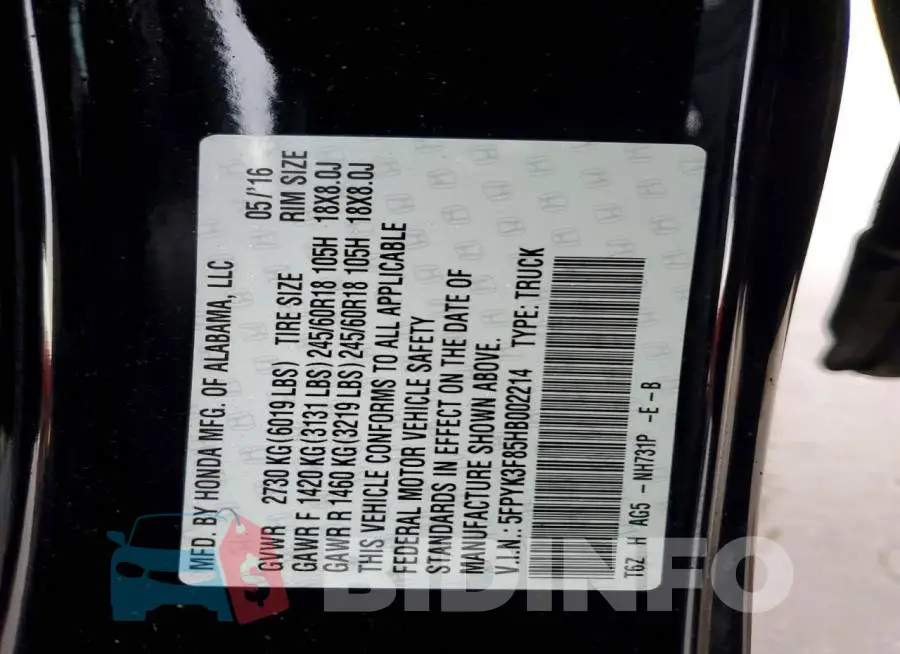 5FPYK3F85HB002214 Photo# 12
