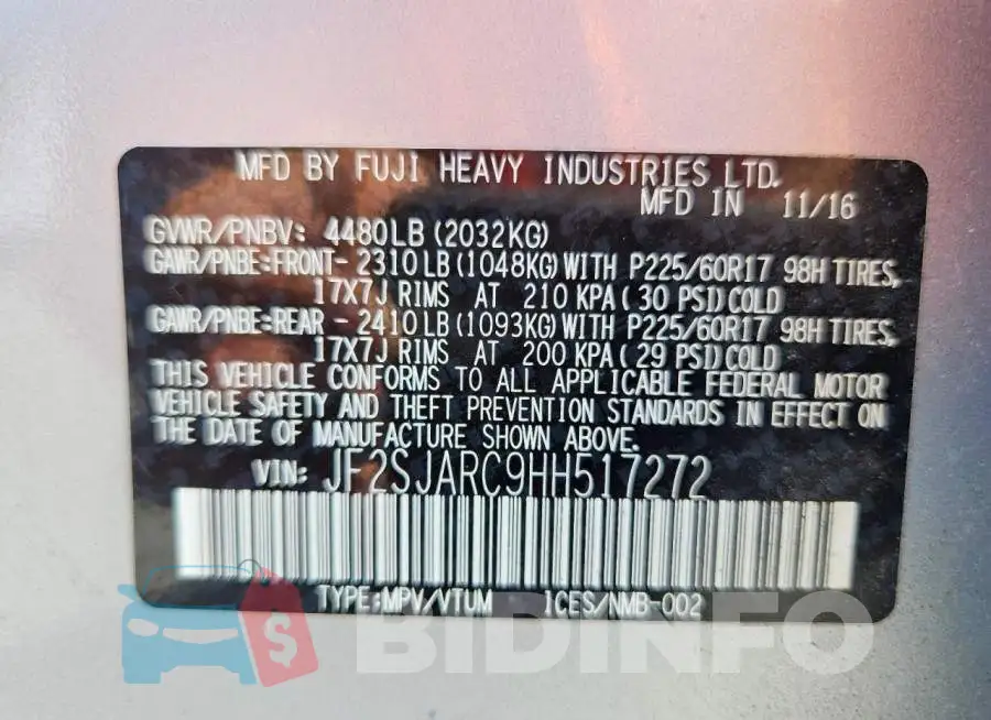 JF2SJARC9HH517272 Photo# 13
