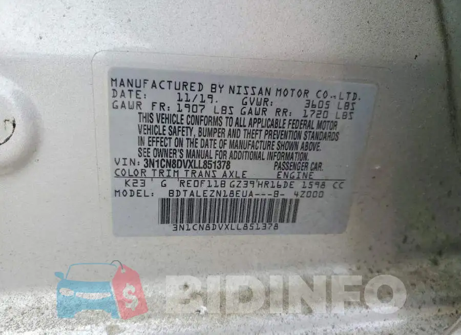 3N1CN8DVXLL851378 Photo# 12