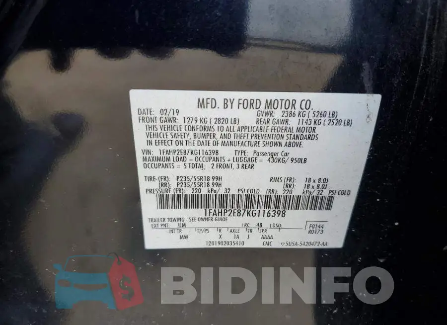 1FAHP2E87KG116398 Photo# 12
