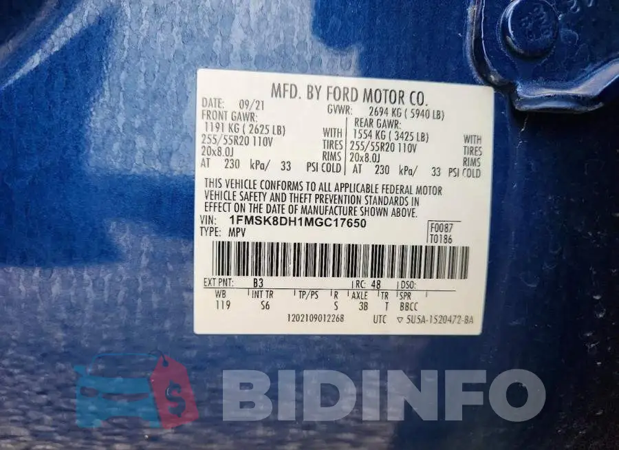 1FMSK8DH1MGC17650 Photo# 13