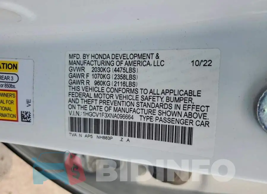1HGCV1F3XNA096664 Photo# 12