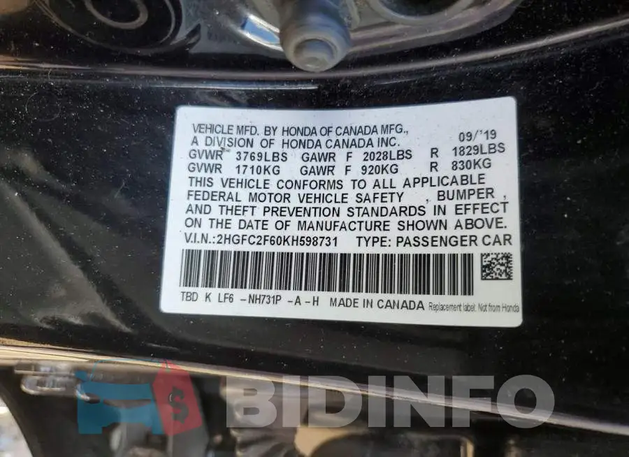 2HGFC2F60KH598731 Photo# 12