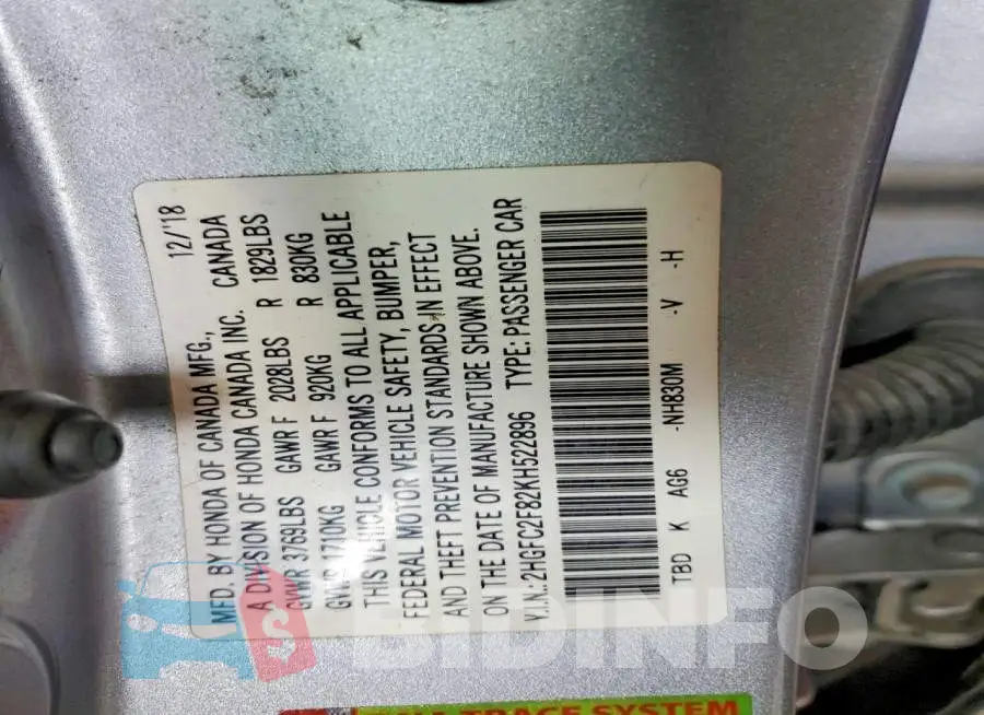 2HGFC2F82KH522896 Photo# 12