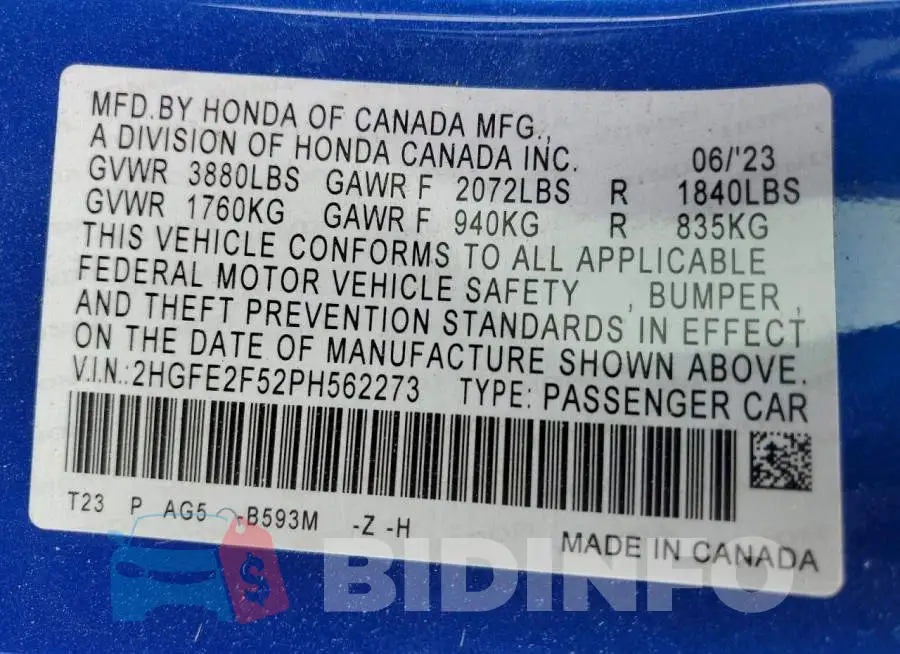 2HGFE2F52PH562273 Photo# 13