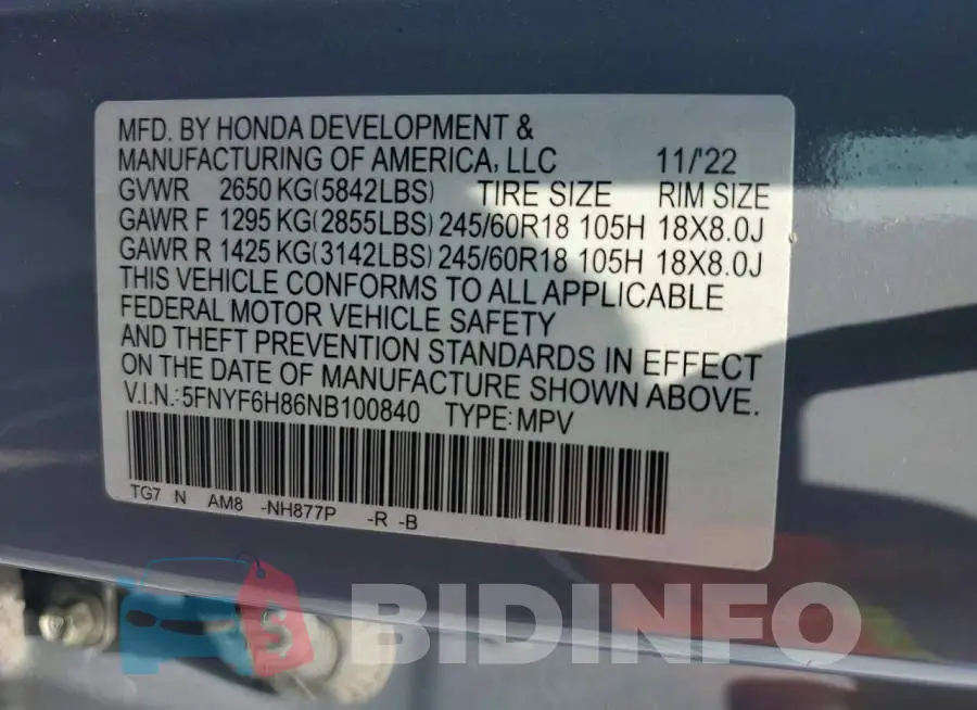 5FNYF6H86NB100840 Photo# 13