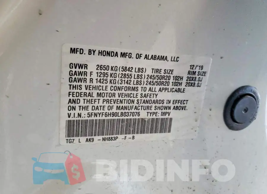 5FNYF6H90LB037076 Photo# 14