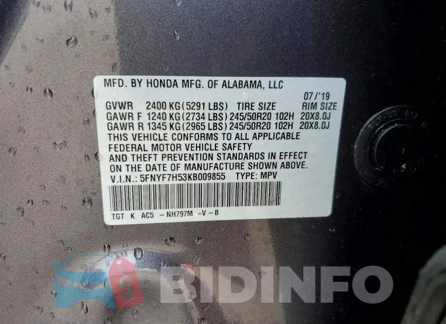 5FNYF7H53KB009855 Photo# 13