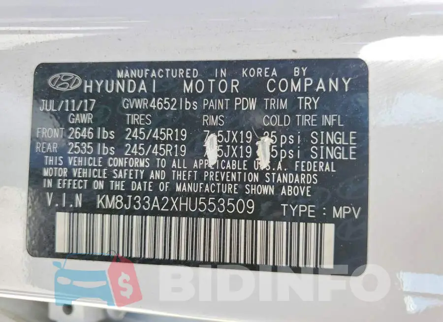 KM8J33A2XHU553509 Photo# 13