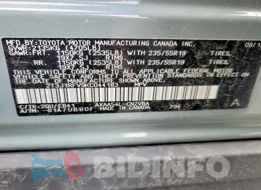 2T3J1RFV9KC044183 Photo# 14