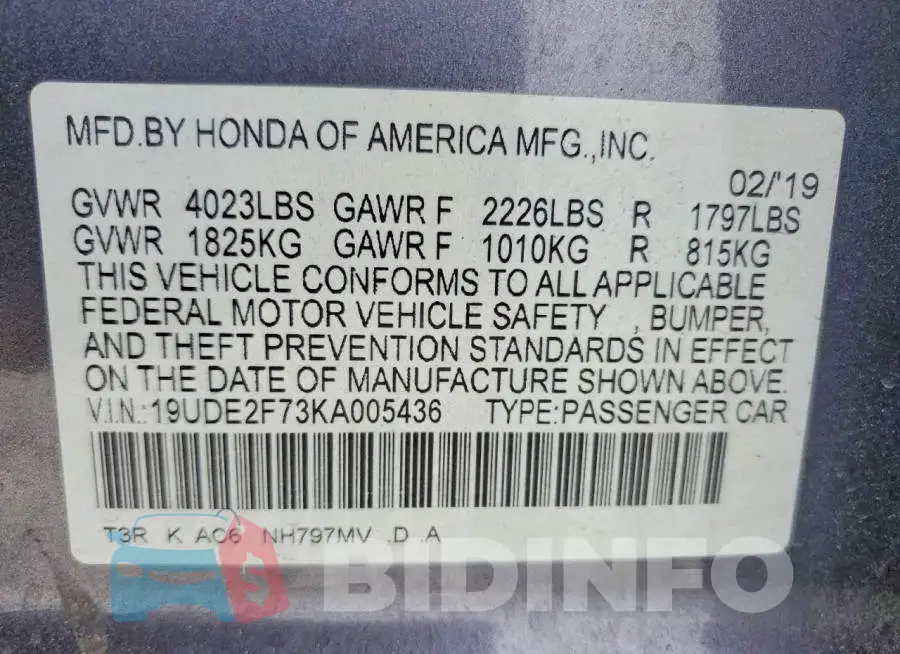 19UDE2F73KA005436 Photo# 13