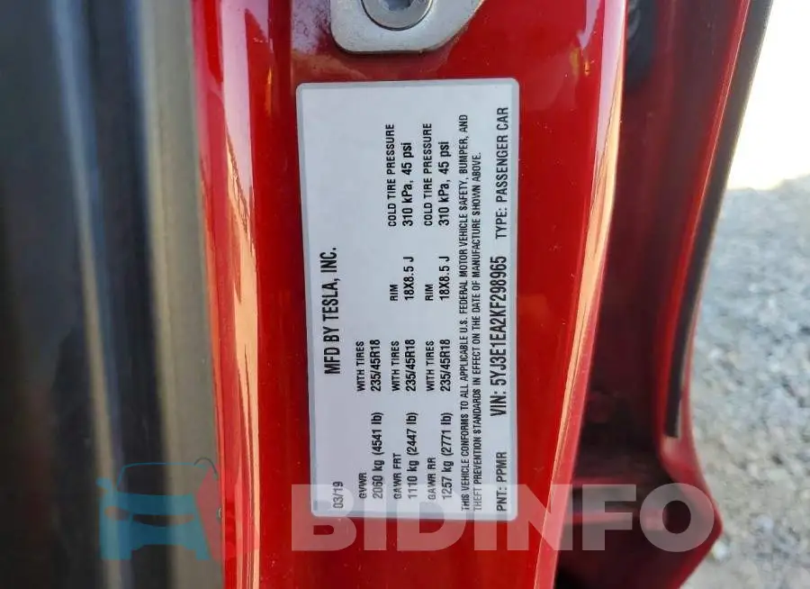 5YJ3E1EA2KF298965 Photo# 12