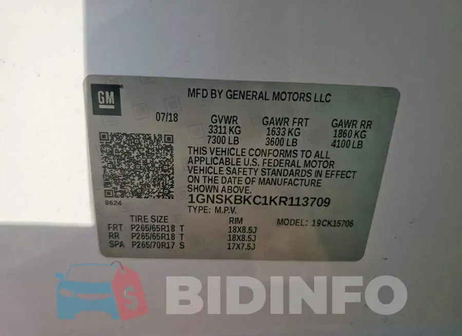1GNSKBKC1KR113709 Photo# 14