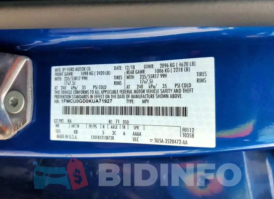 1FMCU0GD0KUA71927 Photo# 14