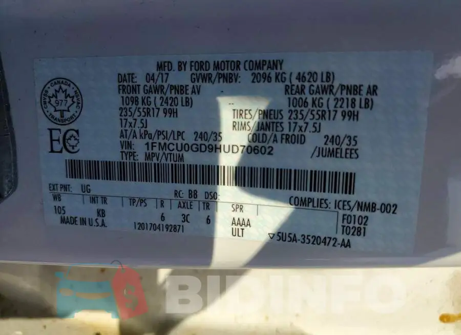 1FMCU0GD9HUD70602 Photo# 14