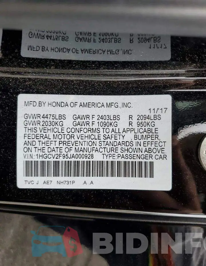 1HGCV2F95JA000928 Photo# 12