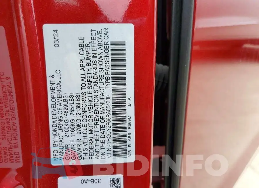 1HGCY2F66RA054330 Photo# 12