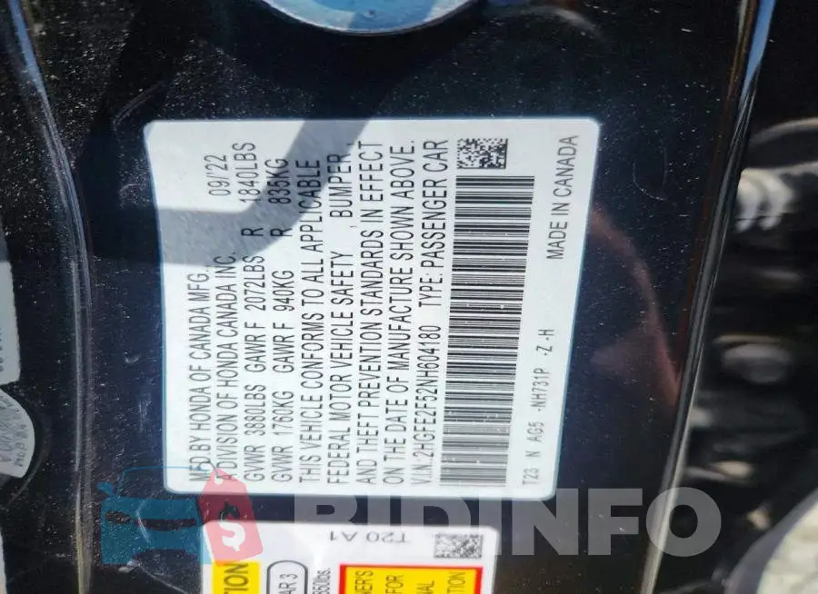 2HGFE2F52NH604180 Photo# 12