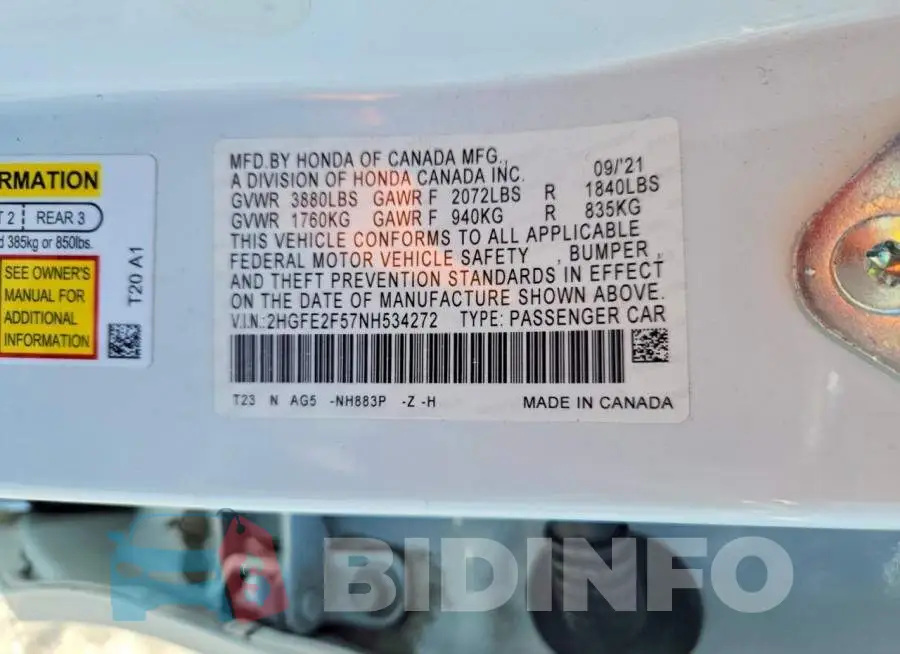 2HGFE2F57NH534272 Photo# 12