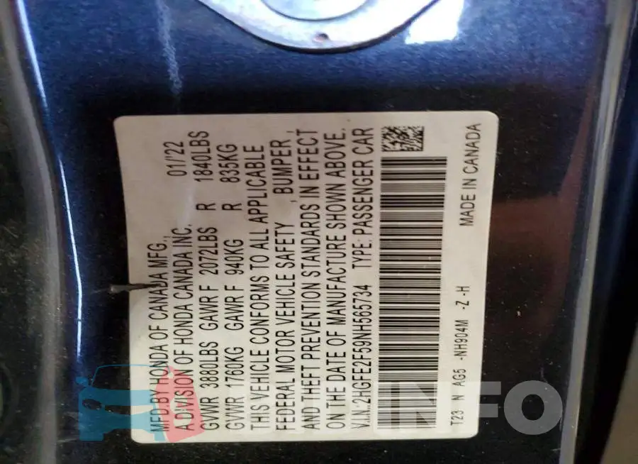 2HGFE2F59NH565734 Photo# 13
