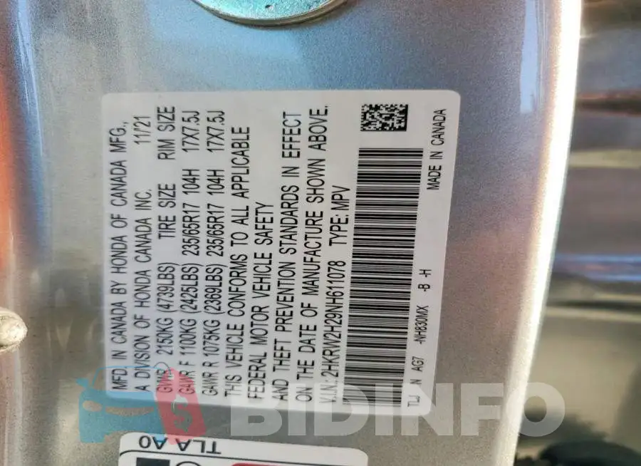 2HKRW2H29NH611078 Photo# 13