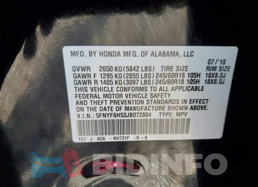 5FNYF6H53JB072804 Photo# 13