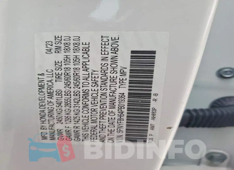 5FNYF8H64PB019364 Photo# 14