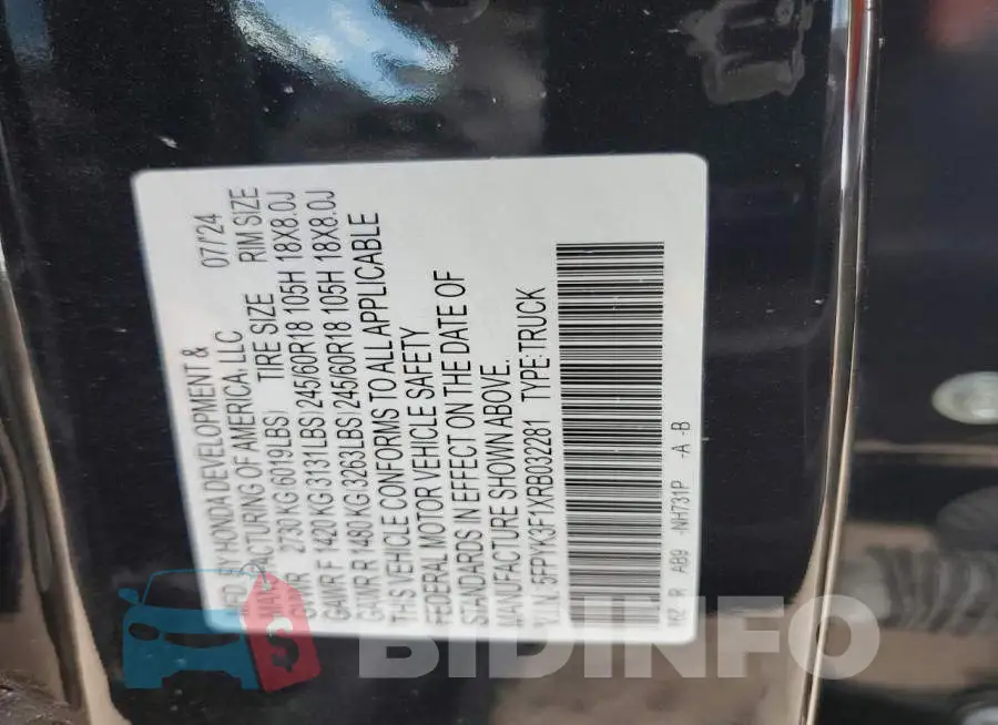 5FPYK3F1XRB032281 Photo# 12