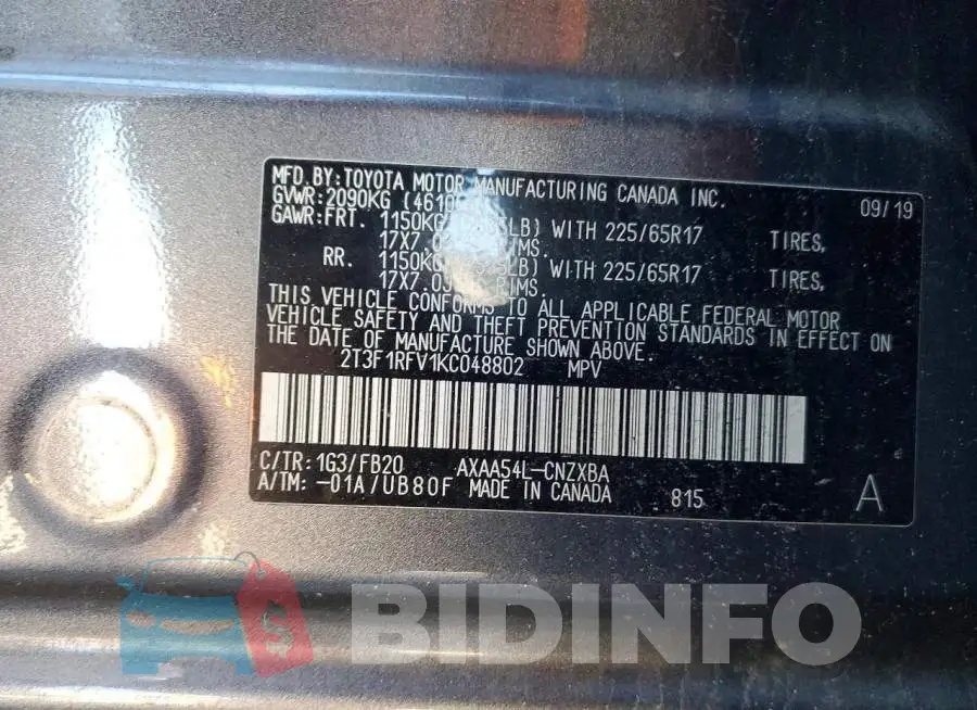 2T3F1RFV1KC048802 Photo# 13
