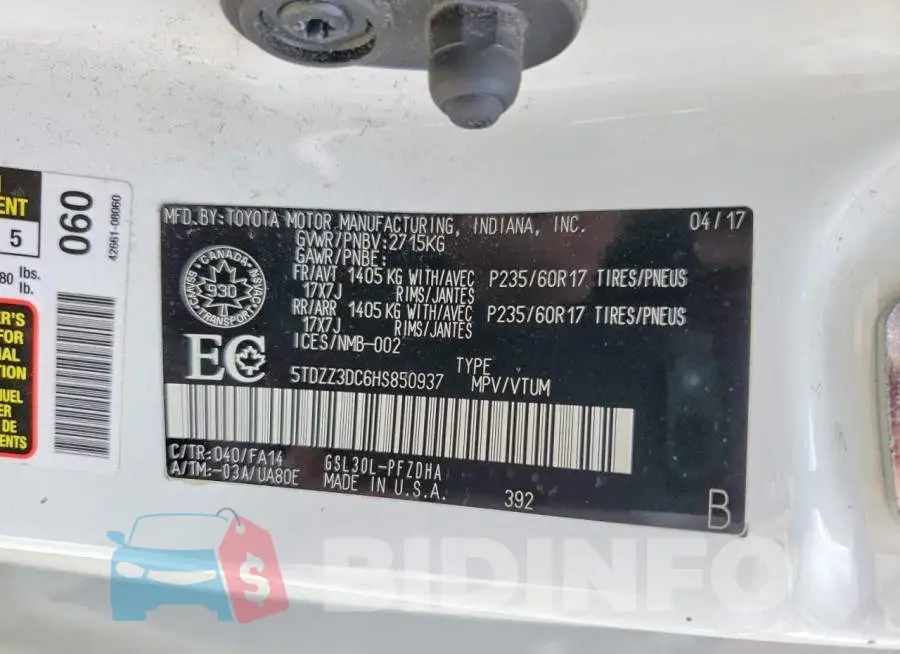 5TDZZ3DC6HS850937 Photo# 14