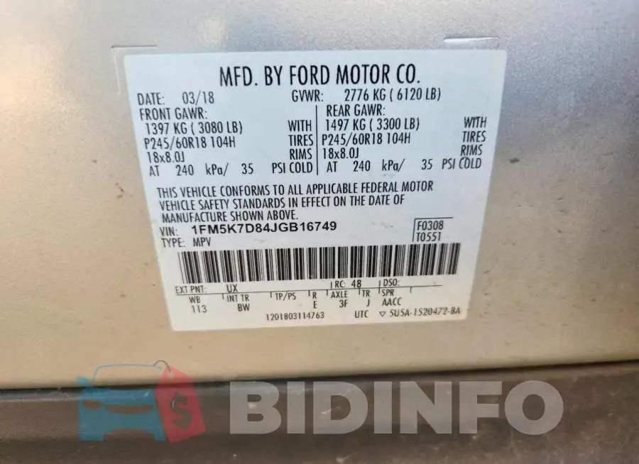 1FM5K7D84JGB16749 Photo# 13