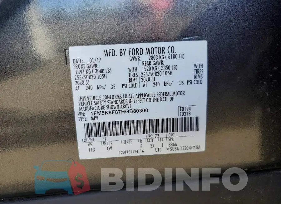 1FM5K8F87HGB80300 Photo# 14