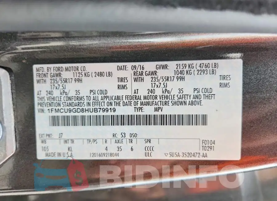 1FMCU9GD8HUB79919 Photo# 12