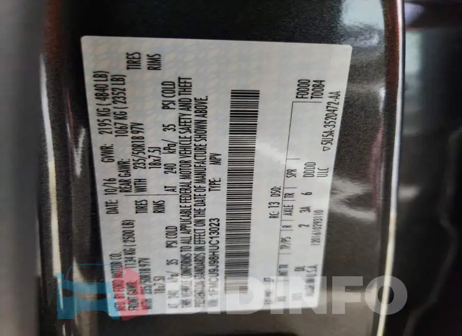1FMCU9J98HUC13023 Photo# 13